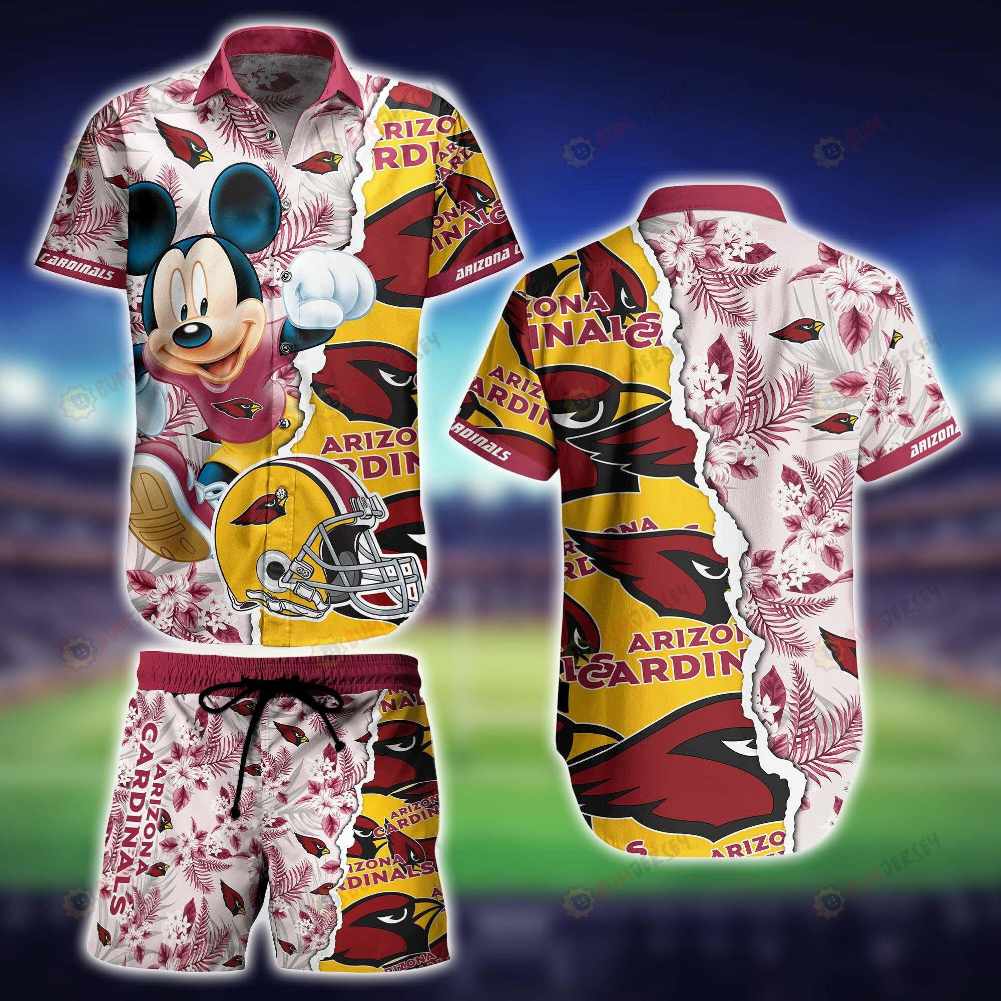 Arizona Cardinals Mickey Mouse And Helmet Hawaiian Shirt Set