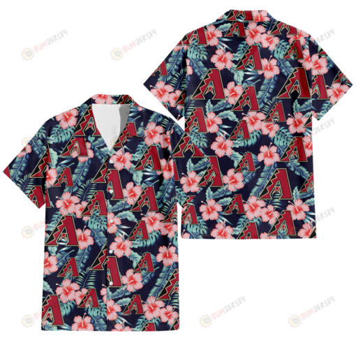 Arizona Diamondbacks Coral Hibiscus Green Banana Leaf Black Background 3D Hawaiian Shirt