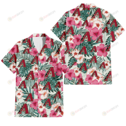 Arizona Diamondbacks Coral Pink Hibiscus Green Leaf Beige Background 3D Hawaiian Shirt