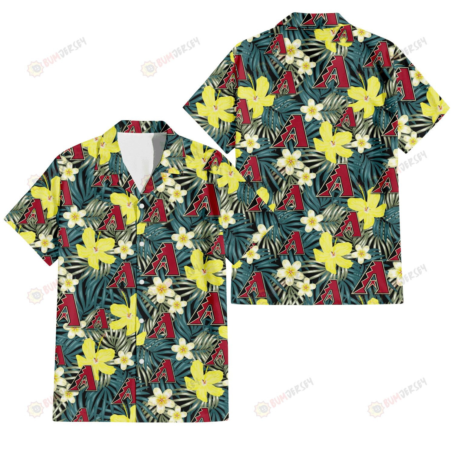 Arizona Diamondbacks Hibiscus Green Palm Leaf Black Background 3D Hawaiian Shirt