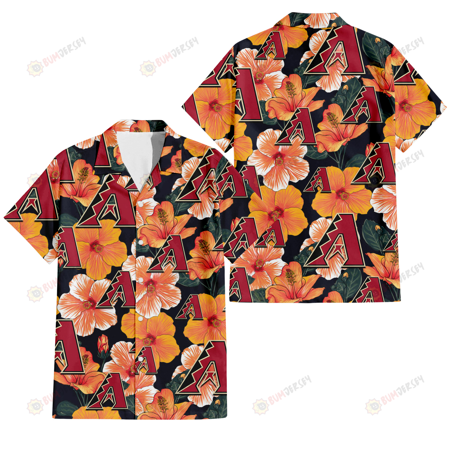 Arizona Diamondbacks Orange Hibiscus Dark Green Leaf Black Background 3D Hawaiian Shirt