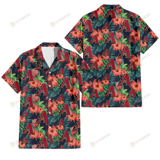 Arizona Diamondbacks Orange Hibiscus Green Tropical Leaf Dark Background 3D Hawaiian Shirt