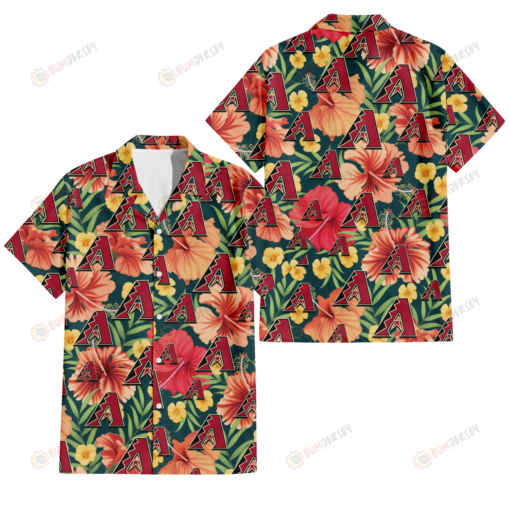 Arizona Diamondbacks Orange Red Hibiscus Green Leaf Dark Background 3D Hawaiian Shirt