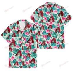 Arizona Diamondbacks Pink Hibiscus Green Leaf Beige Background 3D Hawaiian Shirt