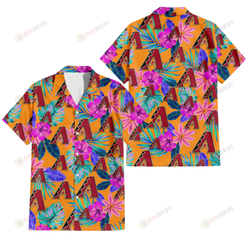 Arizona Diamondbacks Purple Hibiscus Neon Leaf Orange Background 3D Hawaiian Shirt