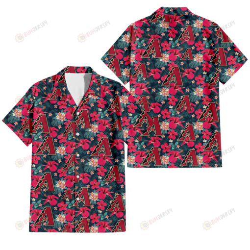 Arizona Diamondbacks Tiny Red Hibiscus White Porcelain Flower Black Background 3D Hawaiian Shirt