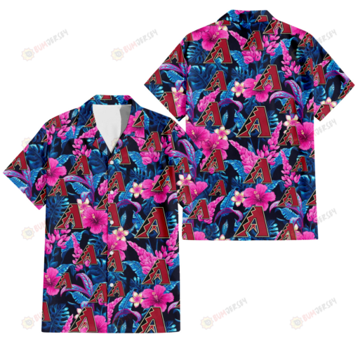 Arizona Diamondbacks Violet Red Hibiscus Blue Leaf Black Background 3D Hawaiian Shirt