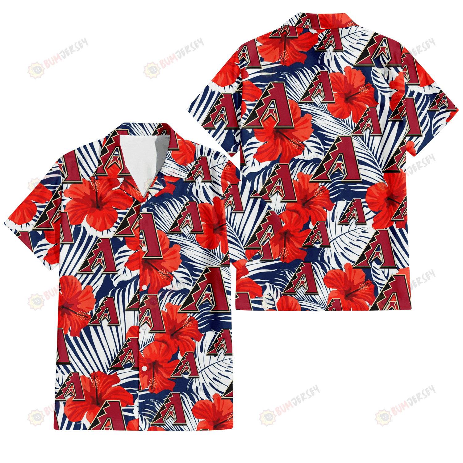 Arizona Diamondbacks White Tropical Leaf Red Hibiscus Navy Background 3D Hawaiian Shirt