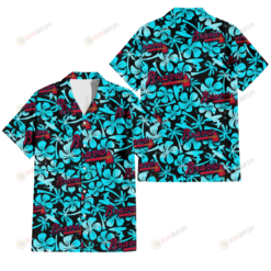 Atlanta Braves Blue Hibiscus Blue Coconut Tree Black Background 3D Hawaiian Shirt