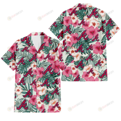Atlanta Braves Coral Pink Hibiscus Green Leaf Beige Background 3D Hawaiian Shirt
