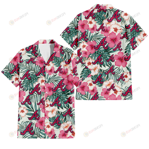 Atlanta Braves Coral Pink Hibiscus Green Leaf Beige Background 3D Hawaiian Shirt