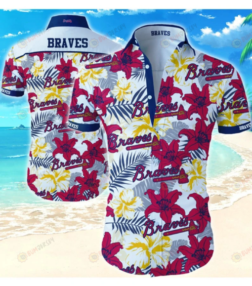 Atlanta Braves Floral & Leaf Pattern Curved Hawaiian Shirt In White & Red