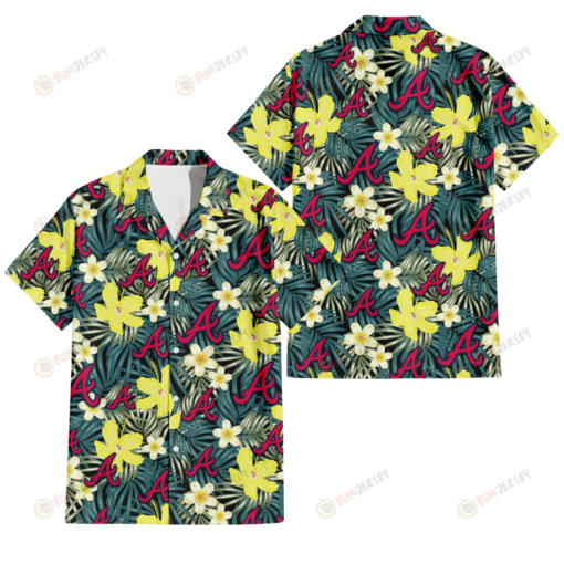 Atlanta Braves Hibiscus Green Palm Leaf Black Background 3D Hawaiian Shirt
