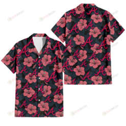 Atlanta Braves Light Coral Hibiscus Gray Leaf Black Background 3D Hawaiian Shirt