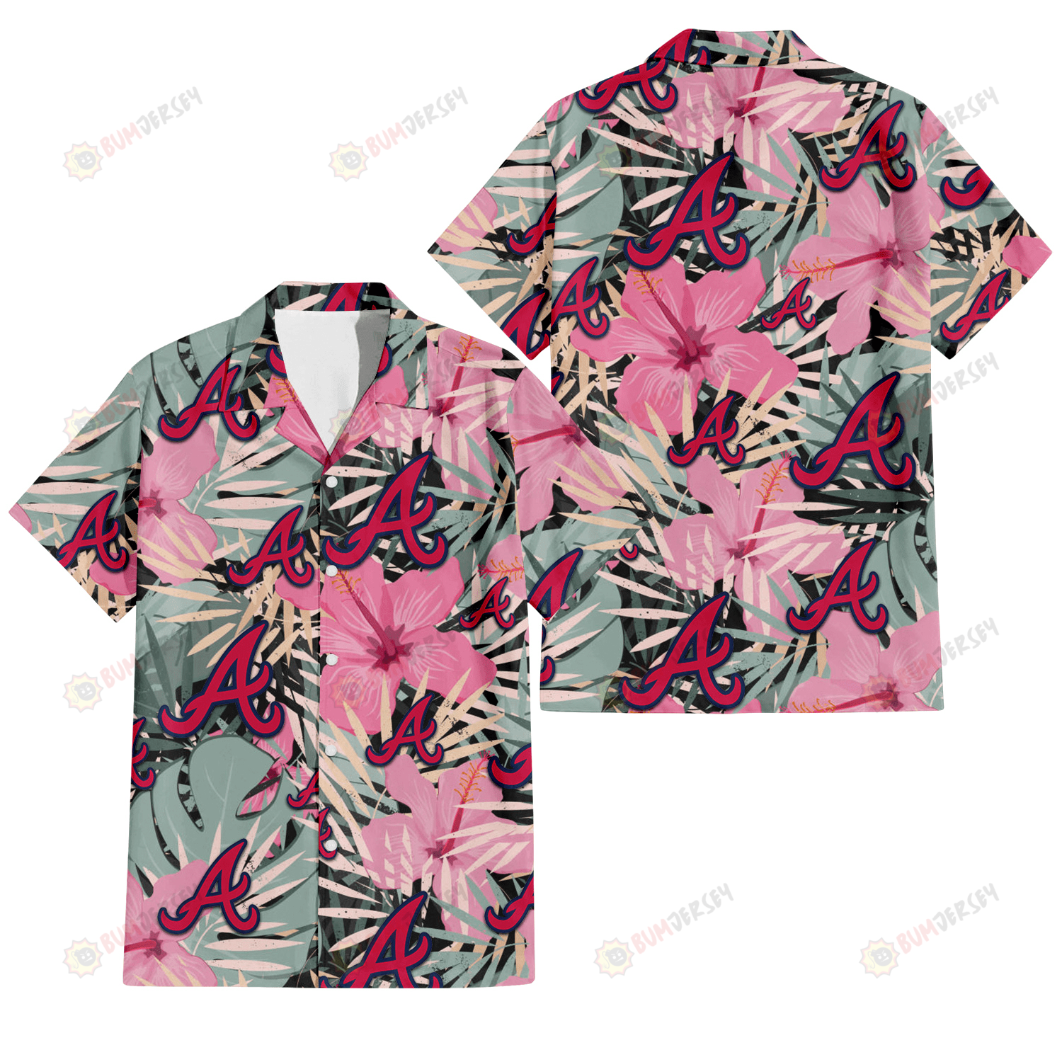 Atlanta Braves Light Pink Hibiscus Pale Green Leaf Black Background 3D Hawaiian Shirt