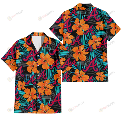 Atlanta Braves Orange Hibiscus Blue Gray Leaf Black Background 3D Hawaiian Shirt