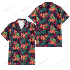 Atlanta Braves Orange Hibiscus Green Tropical Leaf Dark Background 3D Hawaiian Shirt