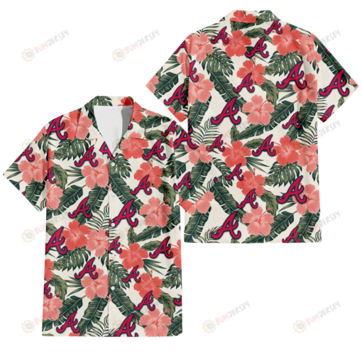 Atlanta Braves Pink Coral Hibiscus Banana Leaf Beige Background 3D Hawaiian Shirt