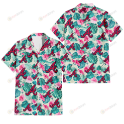 Atlanta Braves Pink Hibiscus Green Leaf Beige Background 3D Hawaiian Shirt