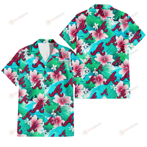 Atlanta Braves Pink Hibiscus Green Leaf Blue Background 3D Hawaiian Shirt