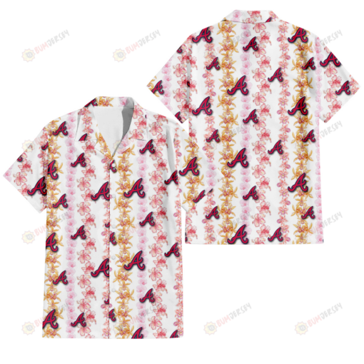 Atlanta Braves Pink Hibiscus Yellow Pink Orchid White Background 3D Hawaiian Shirt