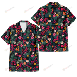 Atlanta Braves Pink Yellow Orange Hibiscus Big Tropical Leaf Black Background 3D Hawaiian Shirt