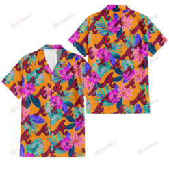 Atlanta Braves Purple Hibiscus Neon Leaf Orange Background 3D Hawaiian Shirt