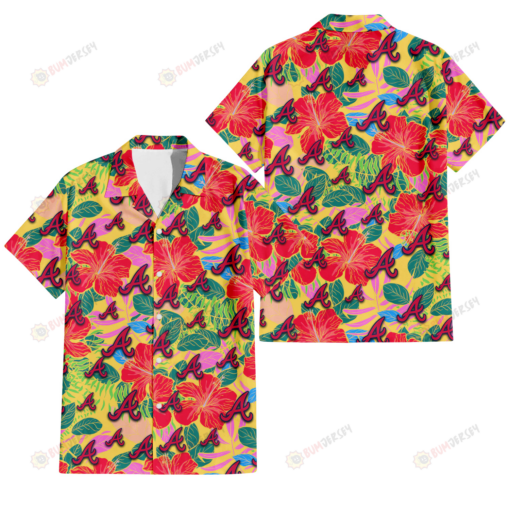 Atlanta Braves Red Hibiscus Green Blue Leaf Yellow Background 3D Hawaiian Shirt