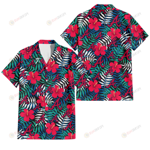 Atlanta Braves Red Hibiscus Green Blue White Leaf Black Background 3D Hawaiian Shirt