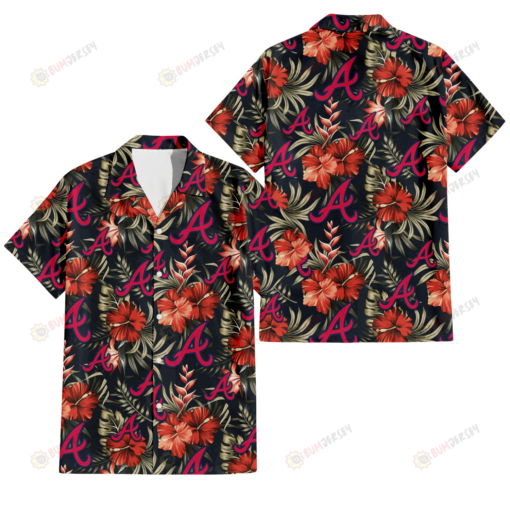 Atlanta Braves Red Hibiscus Green Leaf Dark Background 3D Hawaiian Shirt