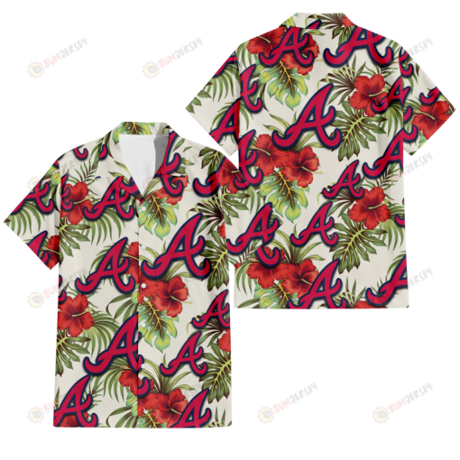 Atlanta Braves Red Hibiscus Green Tropical Leaf Cream Background 3D Hawaiian Shirt