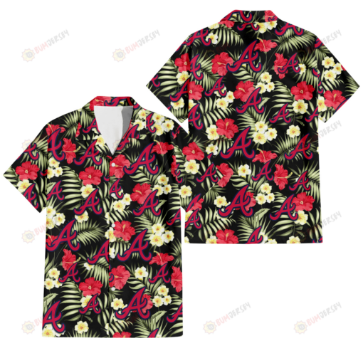 Atlanta Braves Red Hibiscus Yellow Porcelain Flower Black Background 3D Hawaiian Shirt