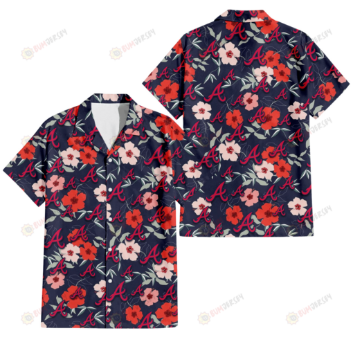 Atlanta Braves Red Pink White Hibiscus Black Background 3D Hawaiian Shirt