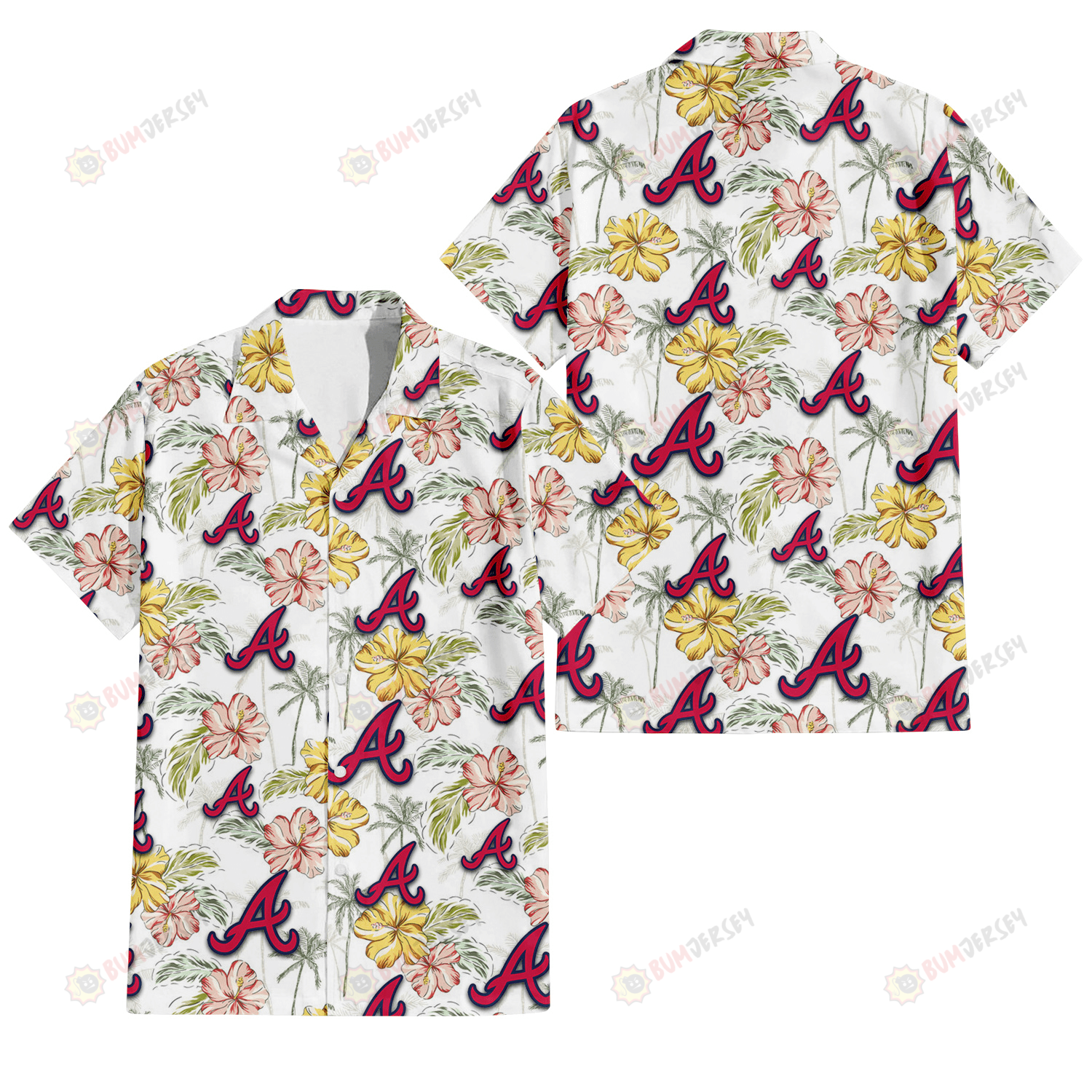 Atlanta Braves Sketch Red Yellow Coconut Tree White Background 3D Hawaiian Shirt