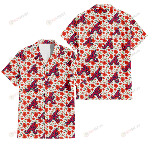 Atlanta Braves Tiny Red Hibiscus Green Leaf White Cube Background 3D Hawaiian Shirt