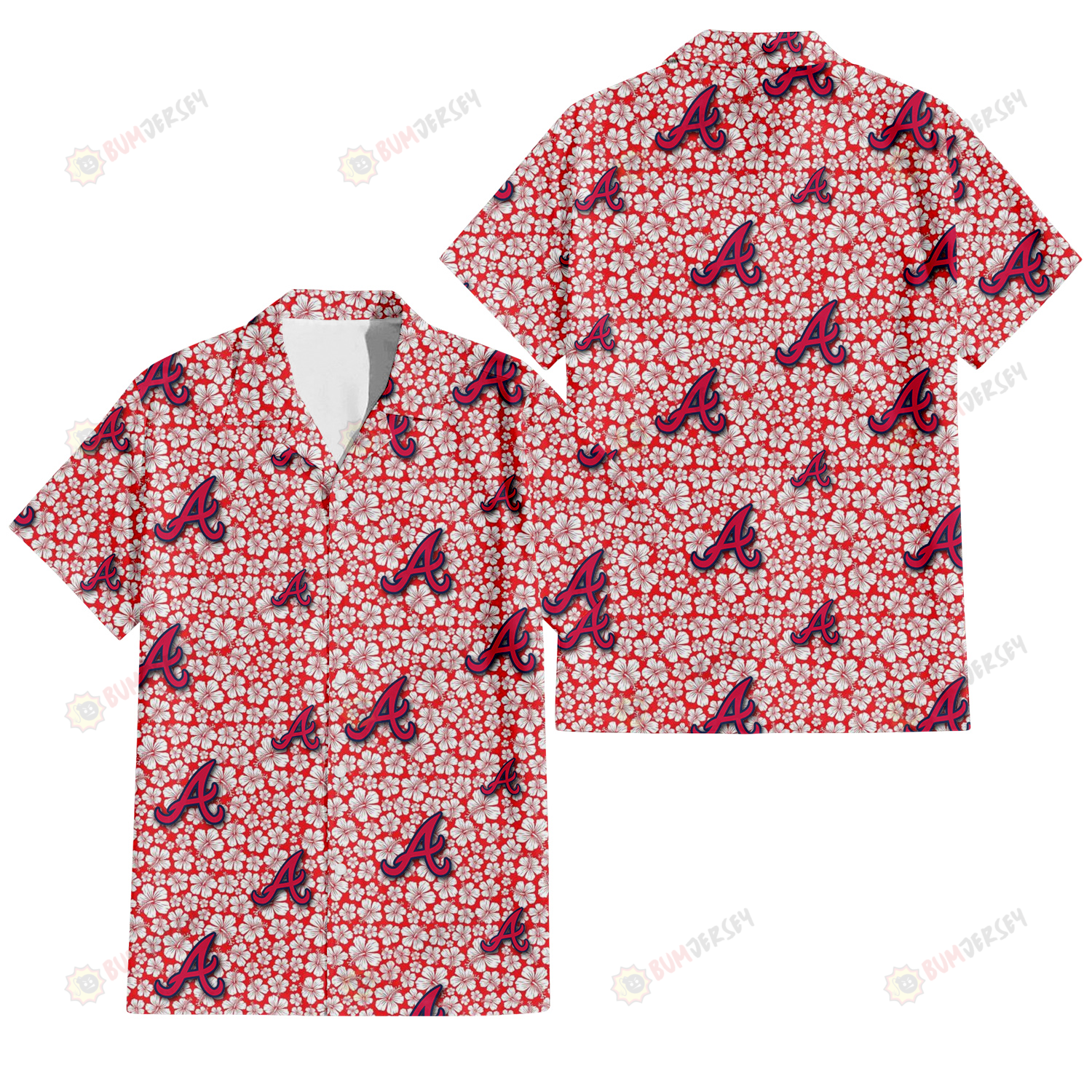 Atlanta Braves Tiny White Hibiscus Pattern Red Background 3D Hawaiian Shirt