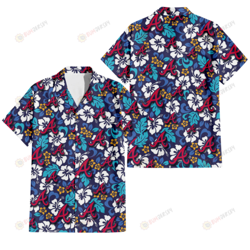 Atlanta Braves White Hibiscus Ceramic Style Navy Background 3D Hawaiian Shirt