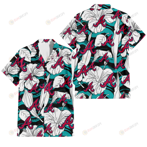 Atlanta Braves White Hibiscus Turquoise Wave Black Background 3D Hawaiian Shirt