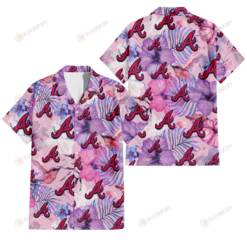 Atlanta Braves White Purple Hibiscus Pink Hummingbird Pink Background 3D Hawaiian Shirt