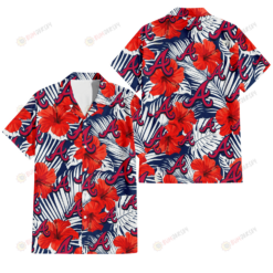 Atlanta Braves White Tropical Leaf Red Hibiscus Navy Background 3D Hawaiian Shirt