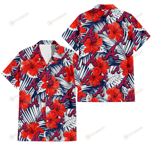 Atlanta Braves White Tropical Leaf Red Hibiscus Navy Background 3D Hawaiian Shirt