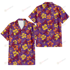 Atlanta Braves Yellow And Orange Hibiscus Purple Background 3D Hawaiian Shirt
