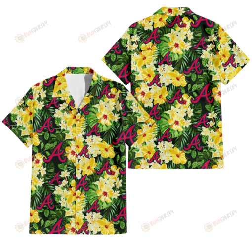 Atlanta Braves Yellow Hibiscus Tropical Green Leaf Black Background 3D Hawaiian Shirt