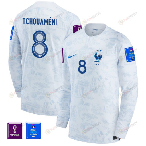 Aurelien Tchouameni 8 France National Team FIFA World Cup Qatar 2022 Patch - Men Away Long Sleeve Jersey