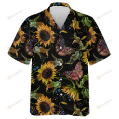 Awesome Embroidery Sunflowers And Butterflies On Black Background Hawaiian Shirt