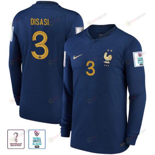 Axel Disasi 3 France National Team FIFA World Cup Qatar 2022 Patch - Home Men Long Sleeve Jersey