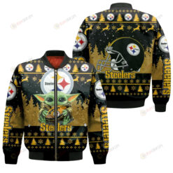 Baby Yoda Hugs Pittsburgh Steelers Christmas Pattern Bomber Jacket - Yellow And Black