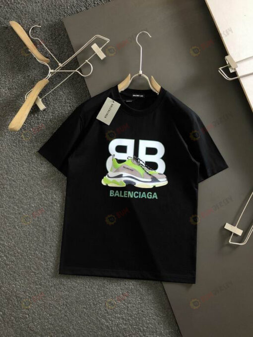 Balenciaga BB Triple S Yellow Shoes Design Print Basic Cotton T-Shirt - Black