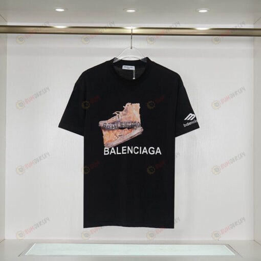 Balenciaga Lettering With Shoes Design Basic Cotton T-Shirt - Black