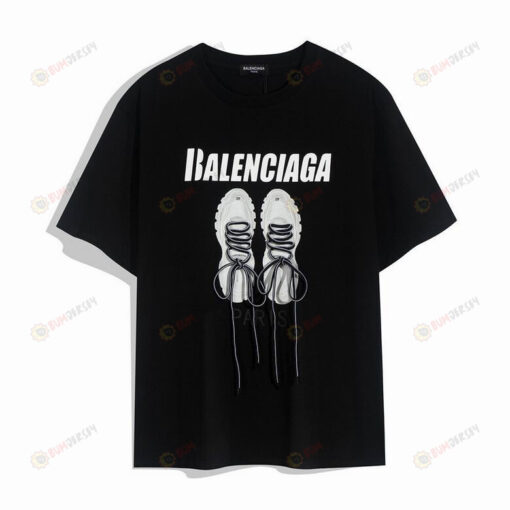 Balenciaga Letters Shoes Print With Shoelace Basic Cotton T-Shirt - Black